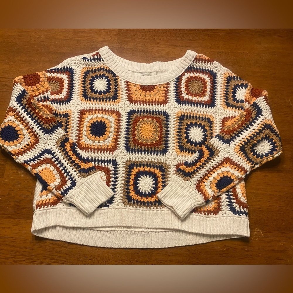 American Eagle Outfitters Crochet Patchwork Cropped Boho Sweater - Picture 4 of 8